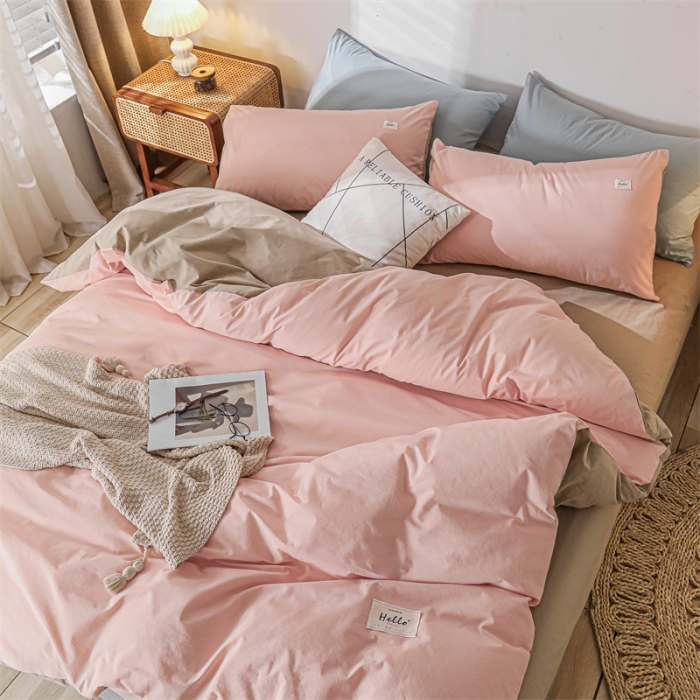 91家纺网 家纺一手货源 找家纺 蓝巢 2021新款全棉色织水洗棉四件套 粉卡其