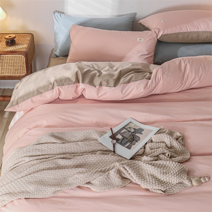 91家纺网 家纺一手货源 找家纺 蓝巢 2021新款全棉色织水洗棉四件套 粉卡其