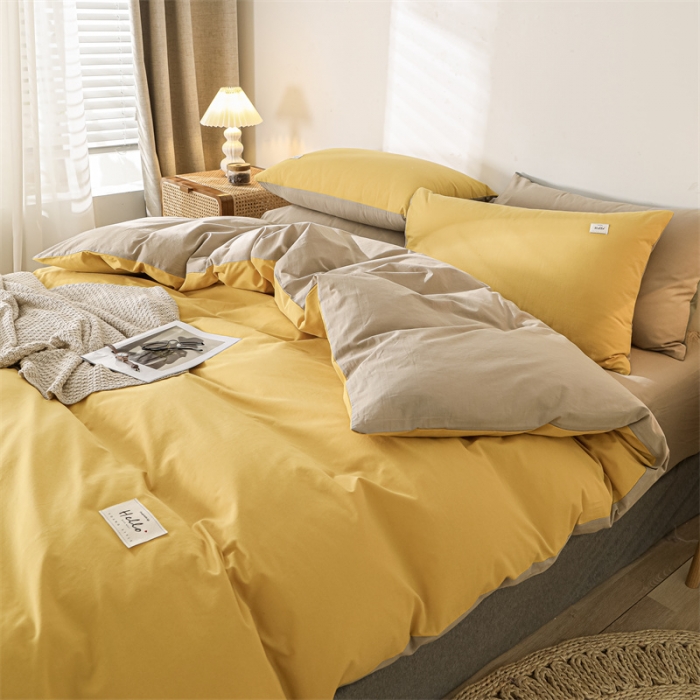 91家纺网 家纺一手货源 找家纺 蓝巢 2021新款全棉色织水洗棉四件套 黄卡其