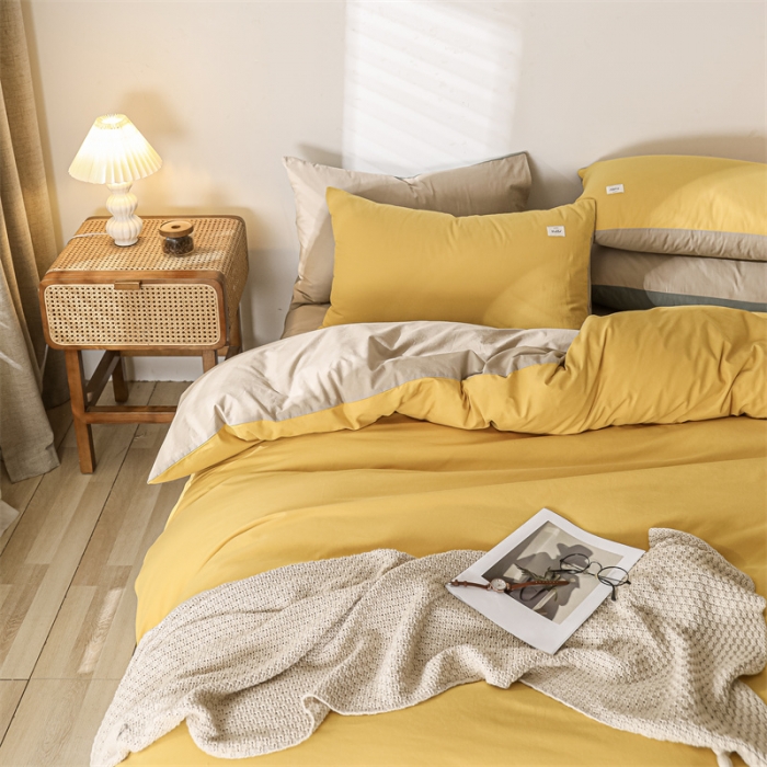 91家纺网 家纺一手货源 找家纺 蓝巢 2021新款全棉色织水洗棉四件套 黄卡其