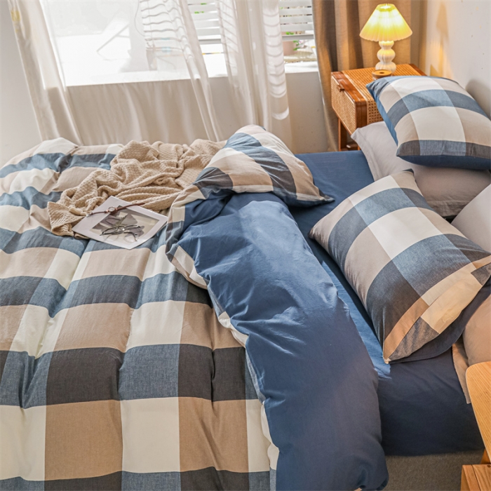 91家纺网 家纺一手货源 找家纺 蓝巢 2021新款全棉色织水洗棉四件套 蓝调格