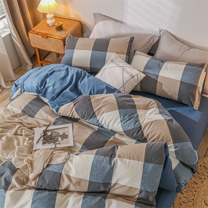 91家纺网 家纺一手货源 找家纺 蓝巢 2021新款全棉色织水洗棉四件套 蓝调格