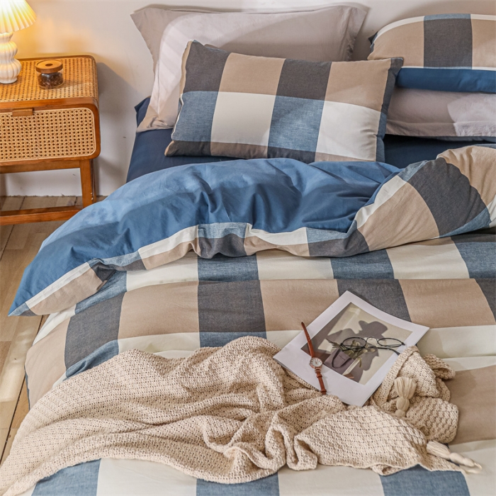 91家纺网 家纺一手货源 找家纺 蓝巢 2021新款全棉色织水洗棉四件套 蓝调格