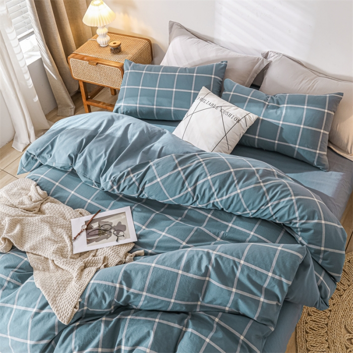 91家纺网 家纺一手货源 找家纺 蓝巢 2021新款全棉色织水洗棉四件套 蓝灰大格