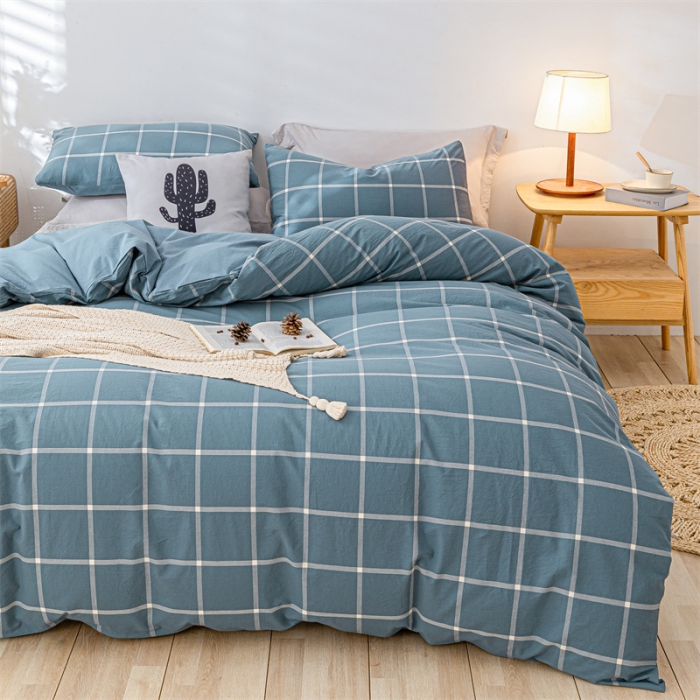 91家纺网 家纺一手货源 找家纺 蓝巢 2021新款全棉色织水洗棉四件套 蓝灰大格