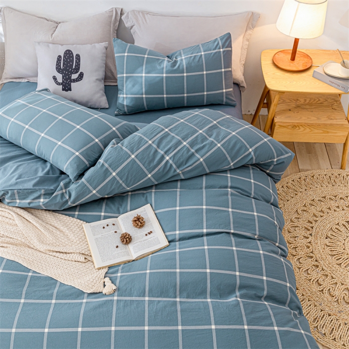 91家纺网 家纺一手货源 找家纺 蓝巢 2021新款全棉色织水洗棉四件套 蓝灰大格