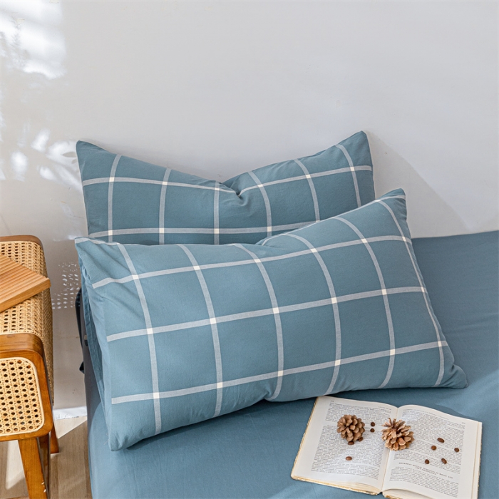 91家纺网 家纺一手货源 找家纺 蓝巢 2021新款全棉色织水洗棉四件套 蓝灰大格