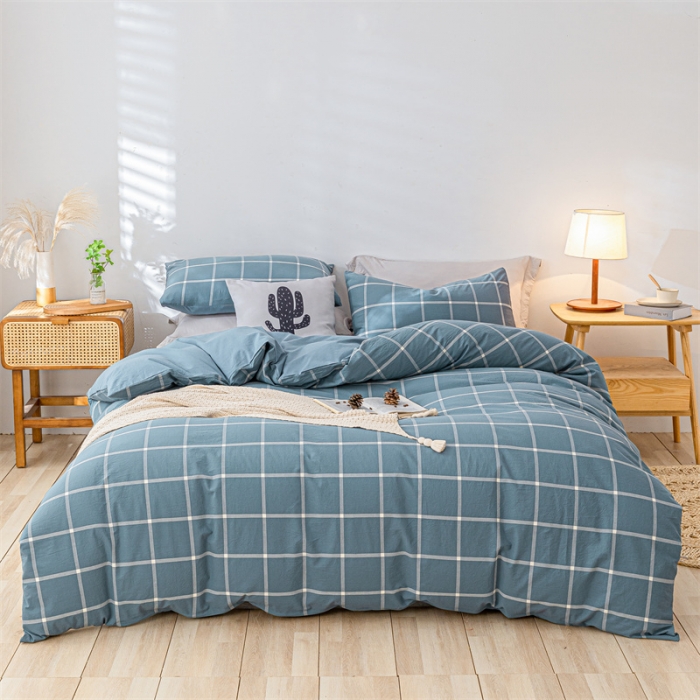 91家纺网 家纺一手货源 找家纺 蓝巢 2021新款全棉色织水洗棉四件套 蓝灰大格