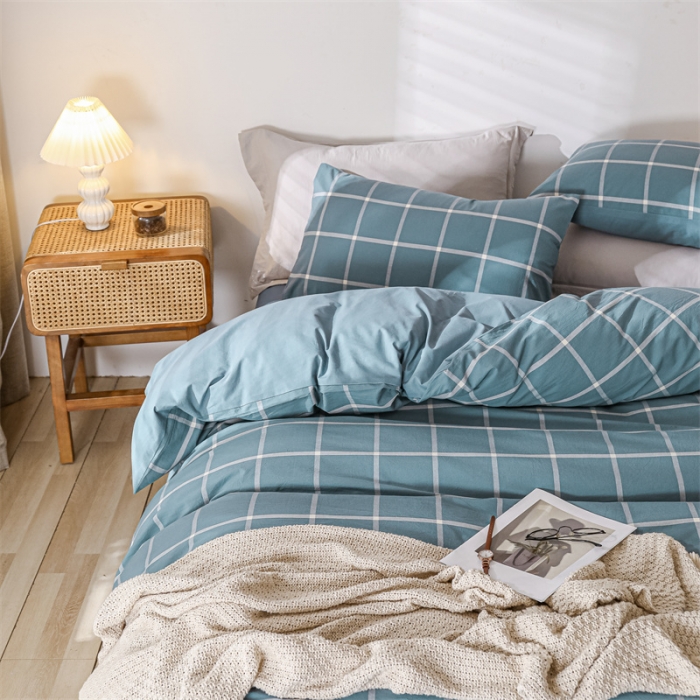 91家纺网 家纺一手货源 找家纺 蓝巢 2021新款全棉色织水洗棉四件套 蓝灰大格