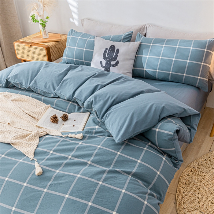 91家纺网 家纺一手货源 找家纺 蓝巢 2021新款全棉色织水洗棉四件套 蓝灰大格