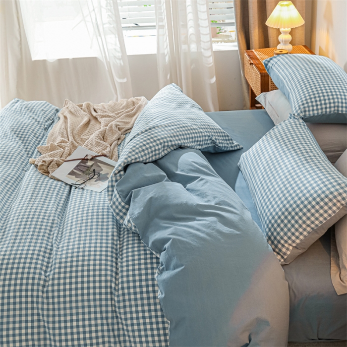 91家纺网 家纺一手货源 找家纺 蓝巢 2021新款全棉色织水洗棉四件套 蓝小格