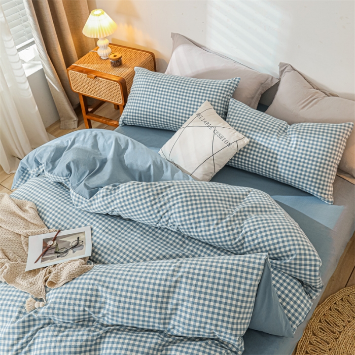 91家纺网 家纺一手货源 找家纺 蓝巢 2021新款全棉色织水洗棉四件套 蓝小格