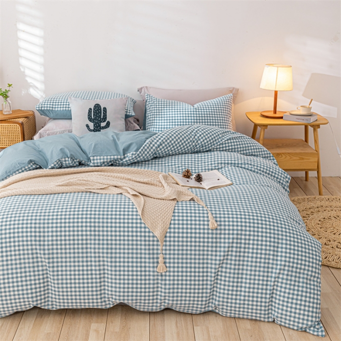 91家纺网 家纺一手货源 找家纺 蓝巢 2021新款全棉色织水洗棉四件套 蓝小格