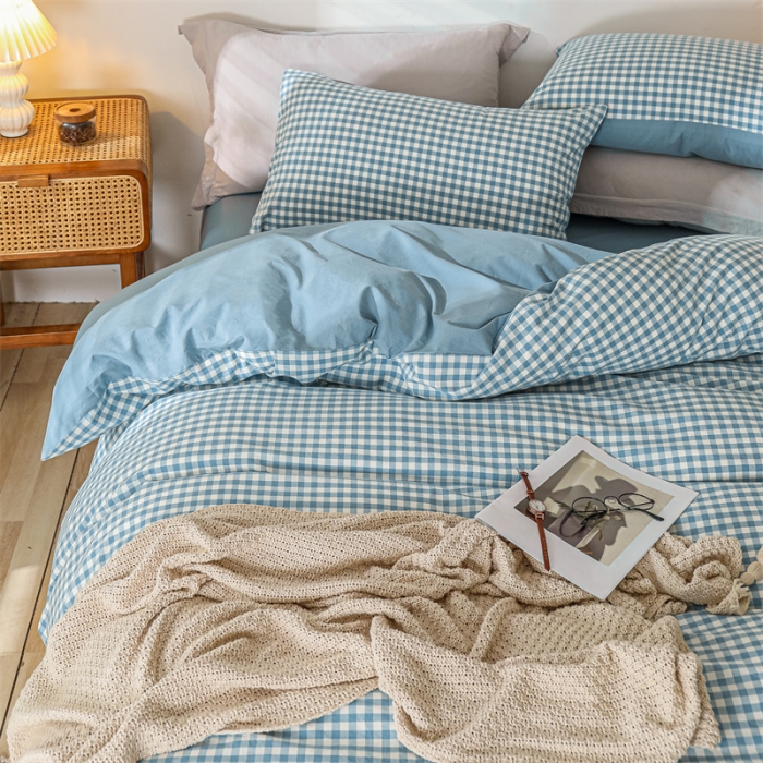 91家纺网 家纺一手货源 找家纺 蓝巢 2021新款全棉色织水洗棉四件套 蓝小格