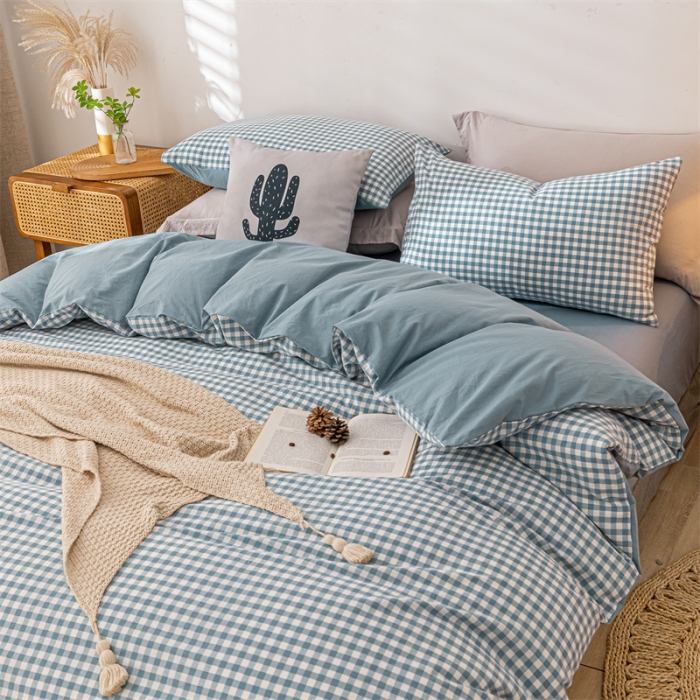 91家纺网 家纺一手货源 找家纺 蓝巢 2021新款全棉色织水洗棉四件套 蓝小格