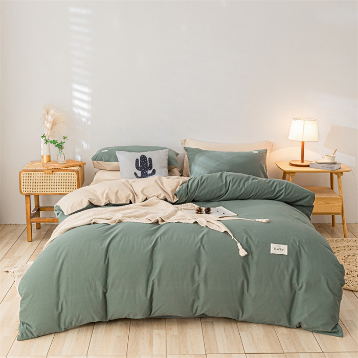 91家纺网 家纺一手货源 找家纺 蓝巢 2021新款全棉色织水洗棉四件套 绿卡其