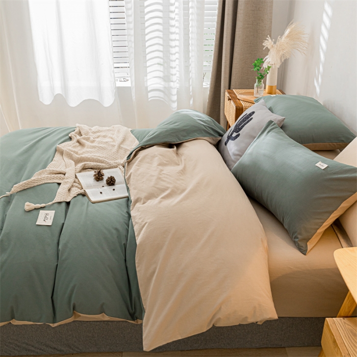 91家纺网 家纺一手货源 找家纺 蓝巢 2021新款全棉色织水洗棉四件套 绿卡其