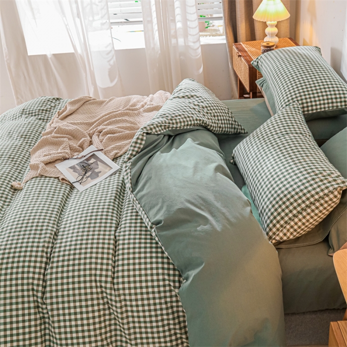 91家纺网 家纺一手货源 找家纺 蓝巢 2021新款全棉色织水洗棉四件套 绿小格