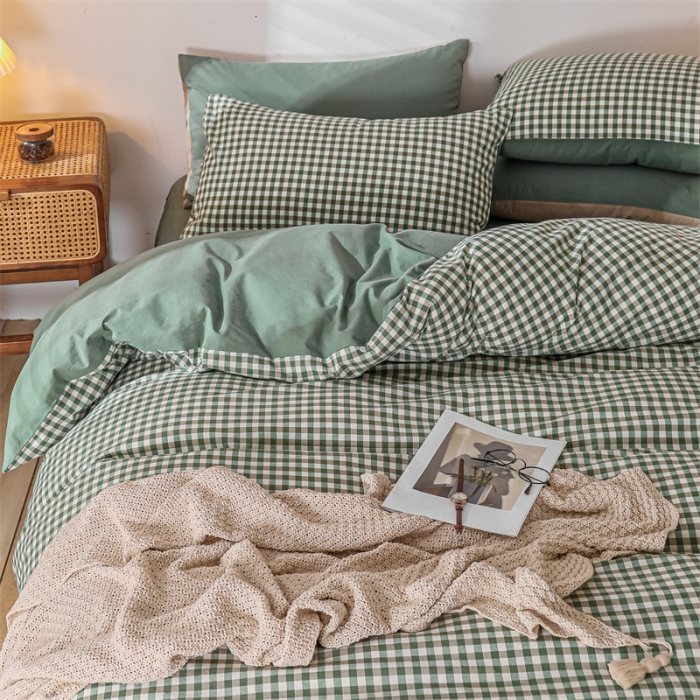 91家纺网 家纺一手货源 找家纺 蓝巢 2021新款全棉色织水洗棉四件套 绿小格