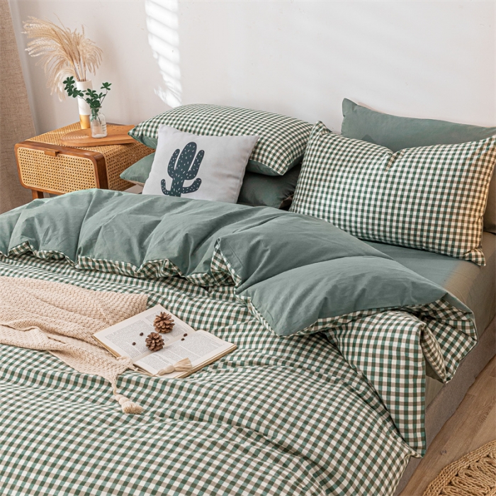 91家纺网 家纺一手货源 找家纺 蓝巢 2021新款全棉色织水洗棉四件套 绿小格