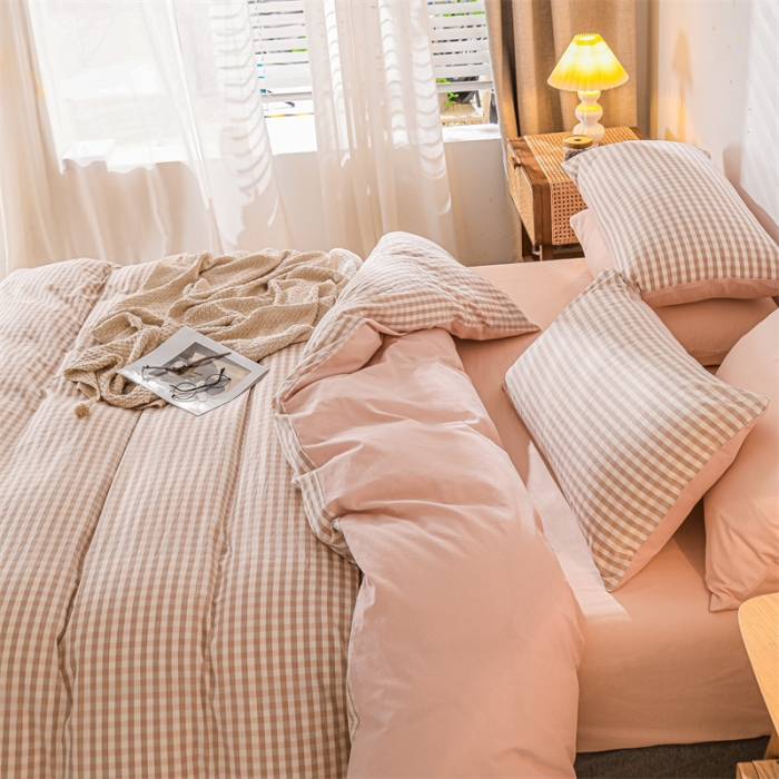 91家纺网 家纺一手货源 找家纺 蓝巢 2021新款全棉色织水洗棉四件套 蜜粉格