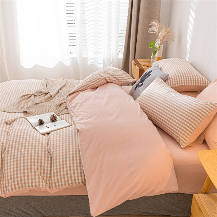 91家纺网 家纺一手货源 找家纺 蓝巢 2021新款全棉色织水洗棉四件套 蜜粉格