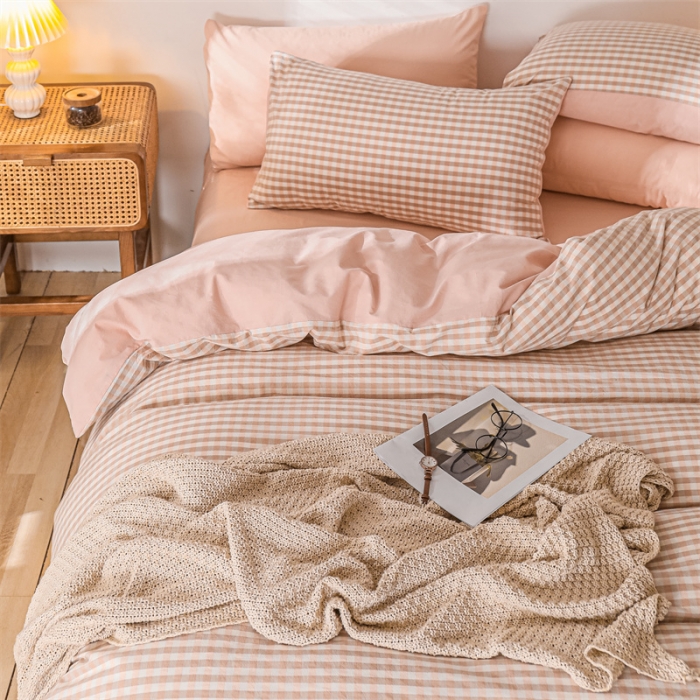 91家纺网 家纺一手货源 找家纺 蓝巢 2021新款全棉色织水洗棉四件套 蜜粉格