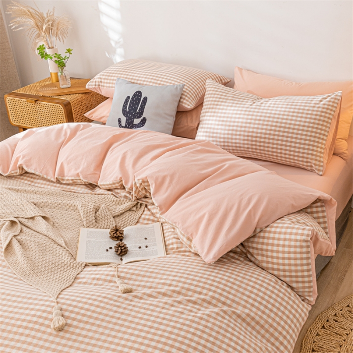 91家纺网 家纺一手货源 找家纺 蓝巢 2021新款全棉色织水洗棉四件套 蜜粉格