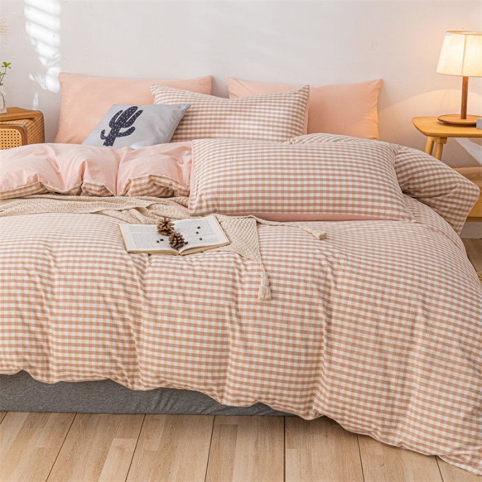 91家纺网 家纺一手货源 找家纺 蓝巢 2021新款全棉色织水洗棉四件套 蜜粉格