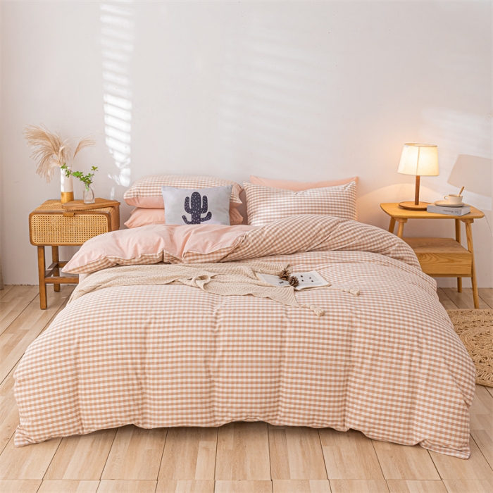 91家纺网 家纺一手货源 找家纺 蓝巢 2021新款全棉色织水洗棉四件套 蜜粉格