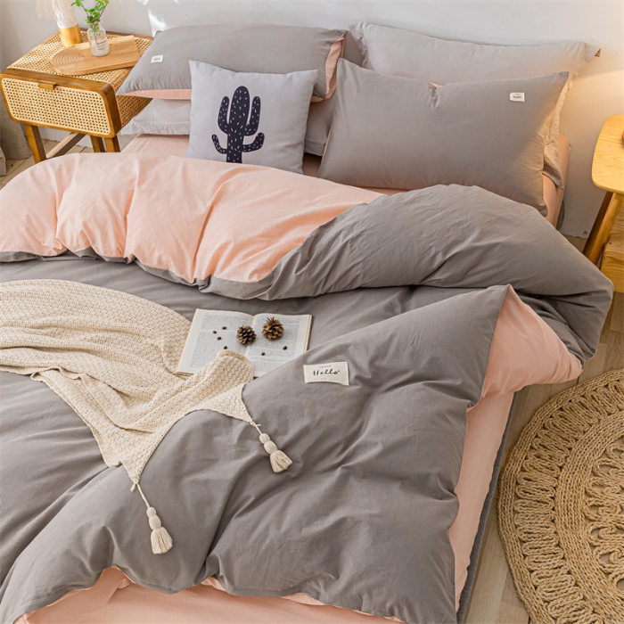 91家纺网 家纺一手货源 找家纺 蓝巢 2021新款全棉色织水洗棉四件套 浅灰粉