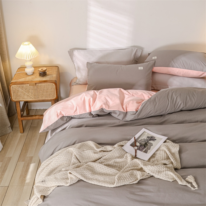 91家纺网 家纺一手货源 找家纺 蓝巢 2021新款全棉色织水洗棉四件套 浅灰粉