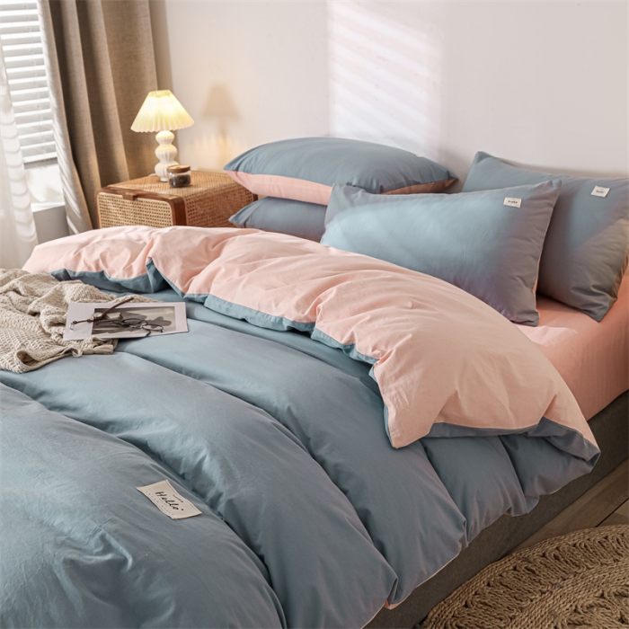 91家纺网 家纺一手货源 找家纺 蓝巢 2021新款全棉色织水洗棉四件套 浅蓝粉