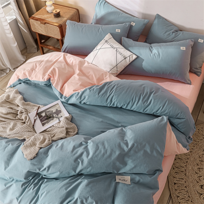91家纺网 家纺一手货源 找家纺 蓝巢 2021新款全棉色织水洗棉四件套 浅蓝粉