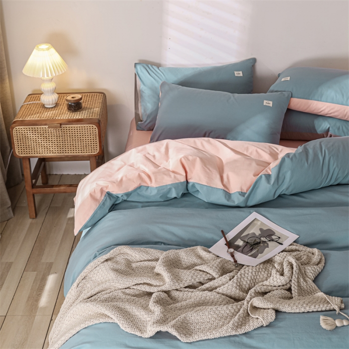 91家纺网 家纺一手货源 找家纺 蓝巢 2021新款全棉色织水洗棉四件套 浅蓝粉