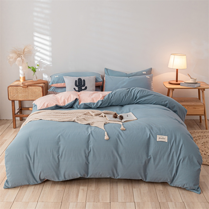 91家纺网 家纺一手货源 找家纺 蓝巢 2021新款全棉色织水洗棉四件套 浅蓝粉