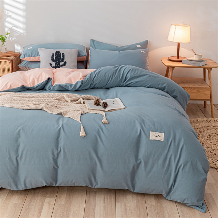 91家纺网 家纺一手货源 找家纺 蓝巢 2021新款全棉色织水洗棉四件套 浅蓝粉