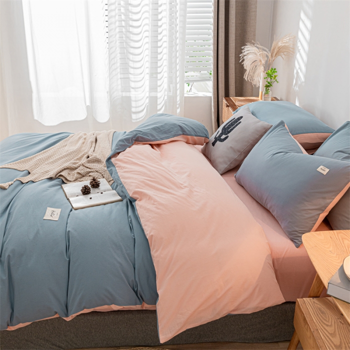 91家纺网 家纺一手货源 找家纺 蓝巢 2021新款全棉色织水洗棉四件套 浅蓝粉