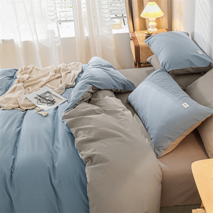 91家纺网 家纺一手货源 找家纺 蓝巢 2021新款全棉色织水洗棉四件套 浅蓝灰