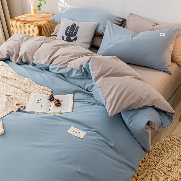 91家纺网 家纺一手货源 找家纺 蓝巢 2021新款全棉色织水洗棉四件套 浅蓝灰