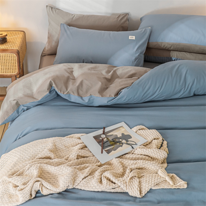91家纺网 家纺一手货源 找家纺 蓝巢 2021新款全棉色织水洗棉四件套 浅蓝灰