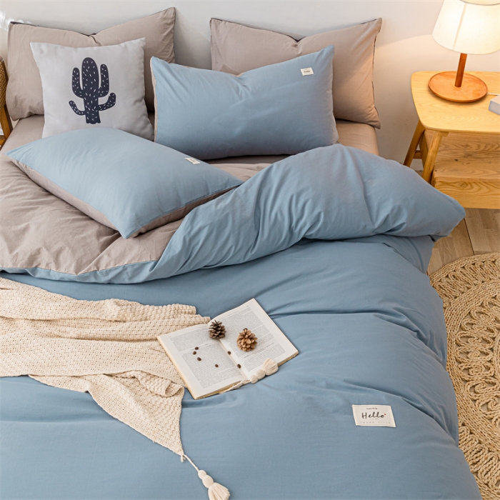 91家纺网 家纺一手货源 找家纺 蓝巢 2021新款全棉色织水洗棉四件套 浅蓝灰