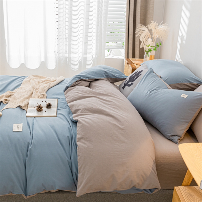 91家纺网 家纺一手货源 找家纺 蓝巢 2021新款全棉色织水洗棉四件套 浅蓝灰