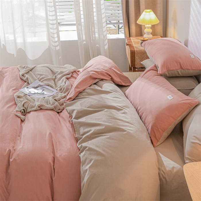 91家纺网 家纺一手货源 找家纺 蓝巢 2021新款全棉色织水洗棉四件套 珊瑚红卡其