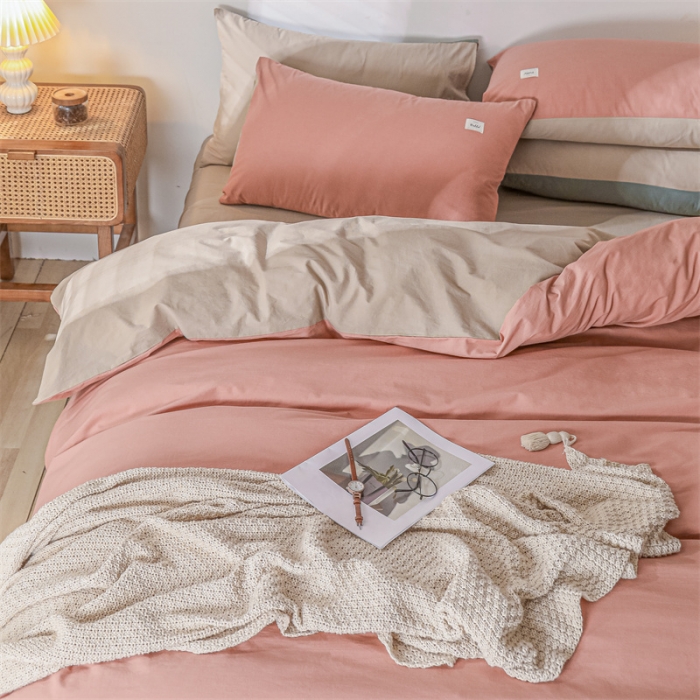 91家纺网 家纺一手货源 找家纺 蓝巢 2021新款全棉色织水洗棉四件套 珊瑚红卡其