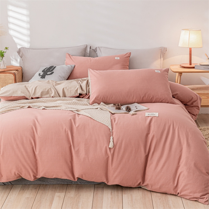 91家纺网 家纺一手货源 找家纺 蓝巢 2021新款全棉色织水洗棉四件套 珊瑚红卡其