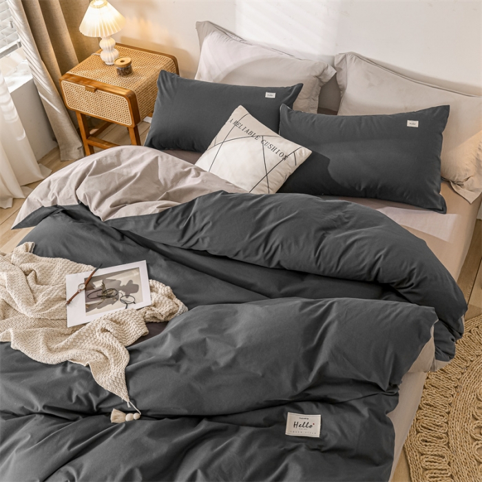 91家纺网 家纺一手货源 找家纺 蓝巢 2021新款全棉色织水洗棉四件套 深灰浅灰