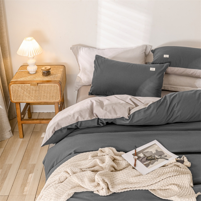 91家纺网 家纺一手货源 找家纺 蓝巢 2021新款全棉色织水洗棉四件套 深灰浅灰