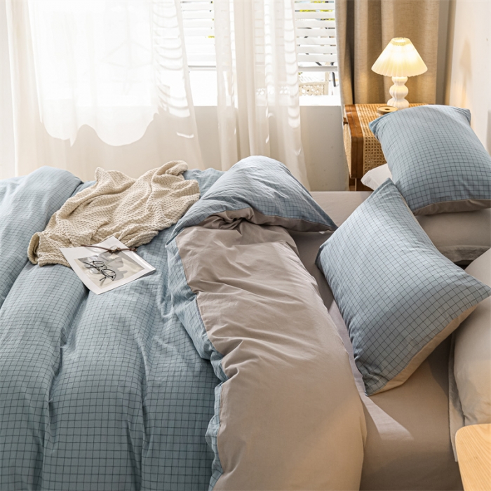 91家纺网 家纺一手货源 找家纺 蓝巢 2021新款全棉色织水洗棉四件套 雾蓝小格