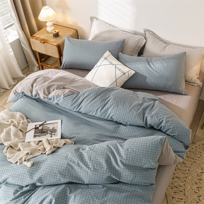 91家纺网 家纺一手货源 找家纺 蓝巢 2021新款全棉色织水洗棉四件套 雾蓝小格